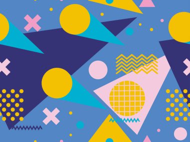 80 'lerin tarzında geometrik şekilli kusursuz Memphis deseni. 80 'ler promosyon ürünleri, ambalaj kağıdı ve baskı için renkli bir arkaplan basıyor. Vektör illüstrasyonu