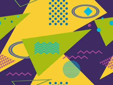 80 'lerin tarzında geometrik şekilli kusursuz Memphis deseni. 80 'ler promosyon ürünleri, ambalaj kağıdı ve baskı için renkli bir arkaplan basıyor. Vektör illüstrasyonu