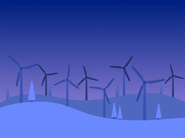 Erneuerbare Energien Windmühlen Nachtlandschaft Abenddämmerung Windgeneratoren Grüne Energie Vektorillustration — Stockvektor