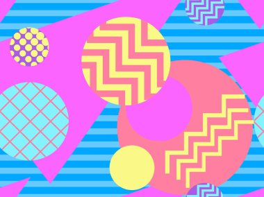 80 'lerin tarzında geometrik şekilli kusursuz Memphis deseni. 80 'ler promosyon ürünleri, ambalaj kağıdı ve baskı için renkli bir arkaplan basıyor. Vektör illüstrasyonu