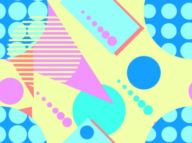 80 'lerin tarzında geometrik şekilli kusursuz Memphis deseni. 80 'ler promosyon ürünleri, ambalaj kağıdı ve baskı için renkli bir arkaplan basıyor. Vektör illüstrasyonu