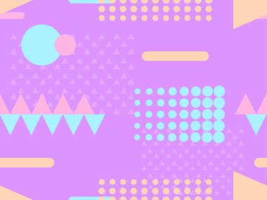 80 'lerin tarzında geometrik şekilli kusursuz Memphis deseni. 80 'ler promosyon ürünleri, ambalaj kağıdı ve baskı için renkli bir arkaplan basıyor. Vektör illüstrasyonu