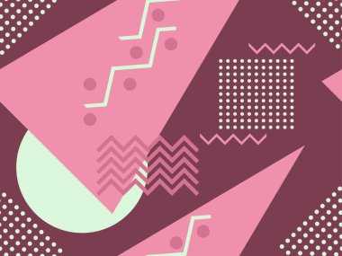 80 'lerin tarzında geometrik şekilli kusursuz Memphis deseni. 80 'ler promosyon ürünleri, ambalaj kağıdı ve baskı için renkli bir arkaplan basıyor. Vektör illüstrasyonu