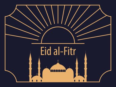 Kurban bayramı Müslüman dini bayramı. Camili sanat deco tarzı tebrik kartı ve çerçeveli güneş, altın renkli doğrusal sanat. Bayram mübareği. Vektör illüstrasyonu