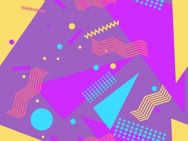 80 'lerin tarzında geometrik şekilli kusursuz Memphis deseni. 80 'ler promosyon ürünleri, ambalaj kağıdı ve baskı için renkli bir arkaplan basıyor. Vektör illüstrasyonu