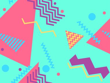 80 'lerin tarzında geometrik şekilli kusursuz Memphis deseni. 80 'ler promosyon ürünleri, ambalaj kağıdı ve baskı için renkli bir arkaplan basıyor. Vektör illüstrasyonu