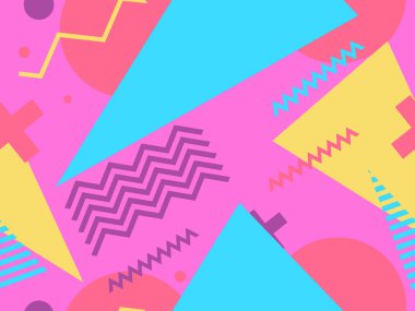 80 'lerin tarzında geometrik şekilli kusursuz Memphis deseni. 80 'ler promosyon ürünleri, ambalaj kağıdı ve baskı için renkli bir arkaplan basıyor. Vektör illüstrasyonu