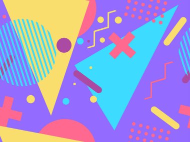 80 'lerin tarzında geometrik şekilli kusursuz Memphis deseni. 80 'ler promosyon ürünleri, ambalaj kağıdı ve baskı için renkli bir arkaplan basıyor. Vektör illüstrasyonu