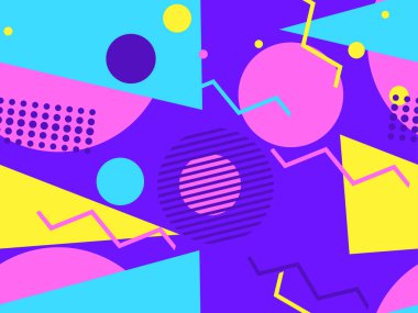 80 'lerin tarzında geometrik şekilli kusursuz Memphis deseni. 80 'ler promosyon ürünleri, ambalaj kağıdı ve baskı için renkli bir arkaplan basıyor. Vektör illüstrasyonu