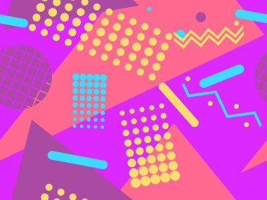 80 'lerin tarzında geometrik şekilli kusursuz Memphis deseni. 80 'ler promosyon ürünleri, ambalaj kağıdı ve baskı için renkli bir arkaplan basıyor. Vektör illüstrasyonu