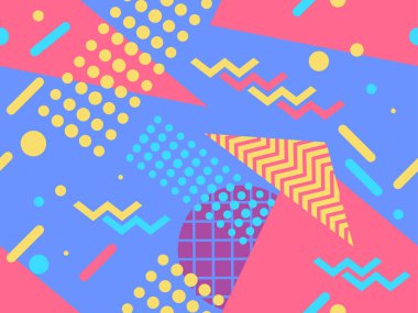 80 'lerin tarzında geometrik şekilli kusursuz Memphis deseni. 80 'ler promosyon ürünleri, ambalaj kağıdı ve baskı için renkli bir arkaplan basıyor. Vektör illüstrasyonu