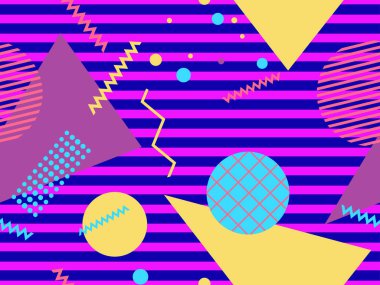 80 'lerin tarzında geometrik şekilli kusursuz Memphis deseni. 80 'ler promosyon ürünleri, ambalaj kağıdı ve baskı için renkli bir arkaplan basıyor. Vektör illüstrasyonu