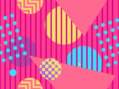 80 'lerin tarzında geometrik şekilli kusursuz Memphis deseni. 80 'ler promosyon ürünleri, ambalaj kağıdı ve baskı için renkli bir arkaplan basıyor. Vektör illüstrasyonu