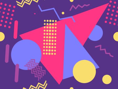 80 'lerin tarzında geometrik şekilli kusursuz Memphis deseni. 80 'ler promosyon ürünleri, ambalaj kağıdı ve baskı için renkli bir arkaplan basıyor. Vektör illüstrasyonu