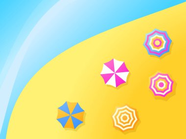 Sahildeki plaj şemsiyeleri, üst manzara. Değişik renkler. Düz tasarım tarzı. Yaz dönemi. Vektör illüstrasyonu