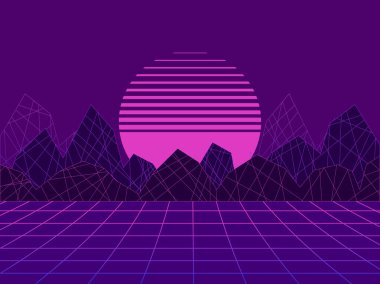 80 'lerin bilim kurgu geçmişi. Sanal gerçeklikteki fütüristik manzara. Sentetik dalga ve retrodalga tarzı. Vektör illüstrasyonu