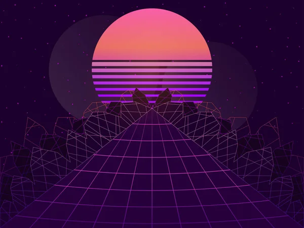 Retro Sci Lat Futurystyczny Krajobraz Wirtualnej Rzeczywistości Synthwave Retrowave Stylu — Wektor stockowy