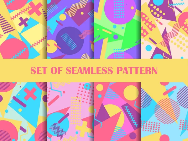 Set Seamless Patterns Geometric Shapes Style Memphis 80S Eighties Print — Stock Vector