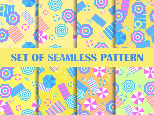 Beach Set Seamless Pattern Top View Each Umbrella Towel Sand — Stock Vector