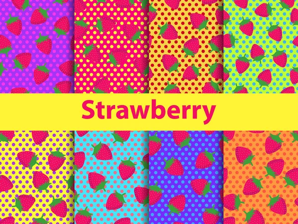 Φράουλα Σύνολο Αδιάλειπτη Μοτίβα Φράουλες Πολύχρωμο Φόντο Τελείες Στυλ Pop — Διανυσματικό Αρχείο