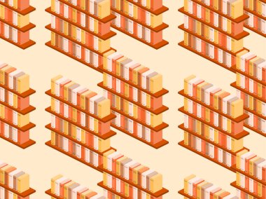 Kitaplık izometrik, pürüzsüz desen. Kitaplıkta, katalogda, kütüphanede. Vektör illüstrasyonu