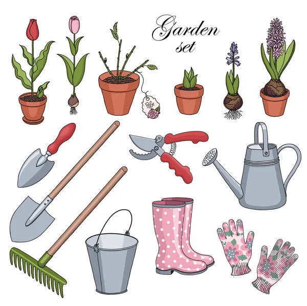 Gartenpflanzen, Blumen, Kleidung und Werkzeuge für die Gartenarbeit. Vektorkontur. Stockillustration