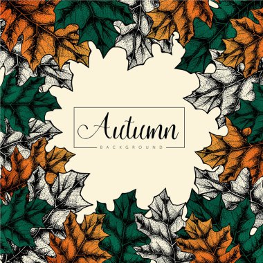 Yapraklarla el çizimi biçiminde sonbahar arkaplanı. 
