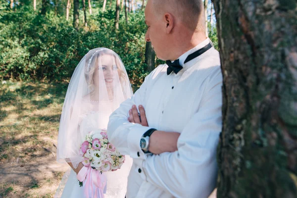 Noiva feliz e noivo em seu dia do casamento — Fotografia de Stock