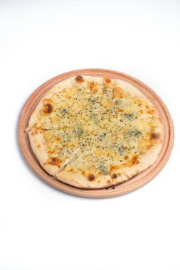 Retrato de sonrientes operador chica del call centerPizza quattro fromaggi ahşap oyun tahtası