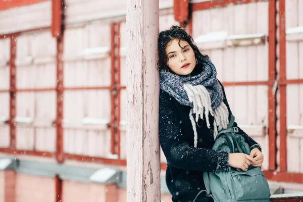 Χειμώνα πορτρέτο του ένα όμορφο κορίτσι ντυμένοι στα ζεστά ρούχα — Φωτογραφία Αρχείου