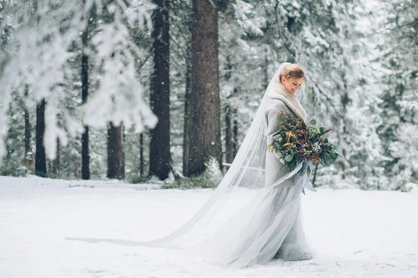 De Jong mooi meisje op haar minnaar in het midden van de bergen wacht bedekt met sneeuw — Stockfoto