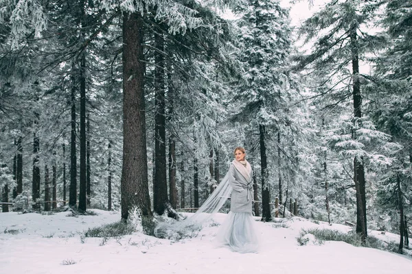 La joven guapa espera a su amante en medio de las montañas cubiertas de nieve — Foto de Stock