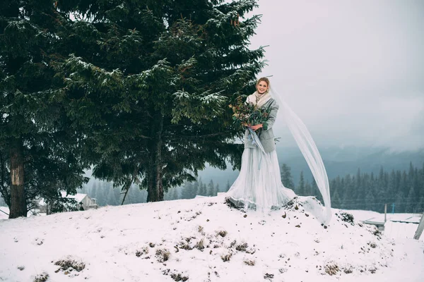 La joven guapa espera a su amante en medio de las montañas cubiertas de nieve — Foto de Stock