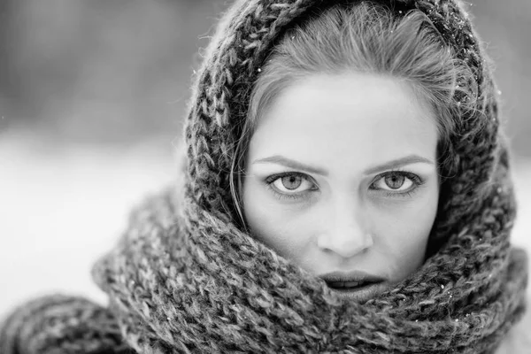 Chica rubia joven y sexy con bufanda azul en invierno —  Fotos de Stock