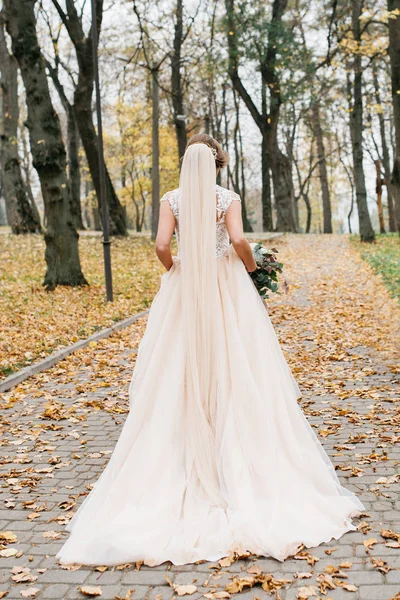 Hermosa novia con un ramo de boda en sus manos al aire libre en un parque — Foto de Stock