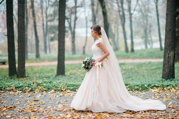 Hermosa novia con un ramo de boda en sus manos al aire libre en un parque — Foto de Stock