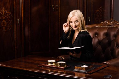 Çekici genç kadın güzel bir ofiste oturur