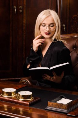 Çekici genç kadın güzel bir ofiste oturur