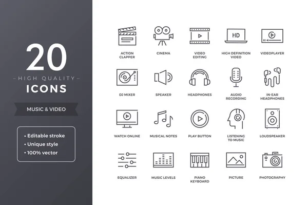 Iconos de línea de música y vídeo — Archivo Imágenes Vectoriales