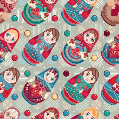 Matryoshka. Babushka bebek. Seamless modeli. Renkli görüntü