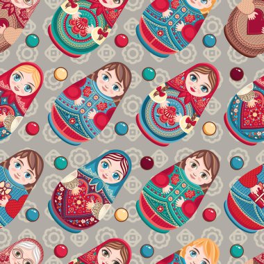 Matryoshka. Babushka bebek. Seamless modeli. Renkli görüntü