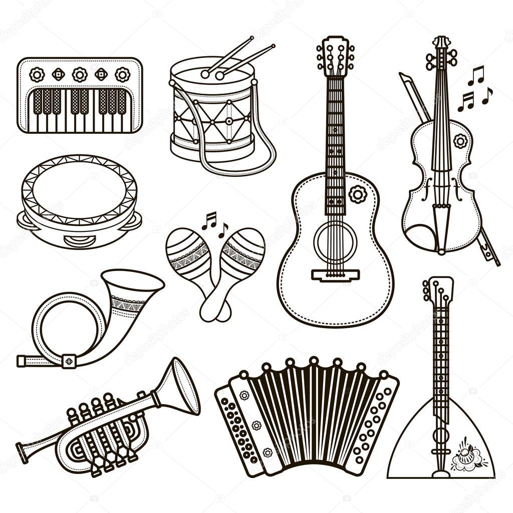 Musical instruments. Design set Monochrome vector.
