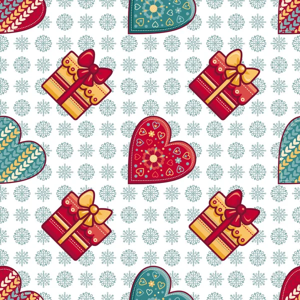 크리스마스 배경입니다. 마음과 선물 상자입니다. 완벽 한 패턴입니다. 화려한 벡터 — 스톡 벡터