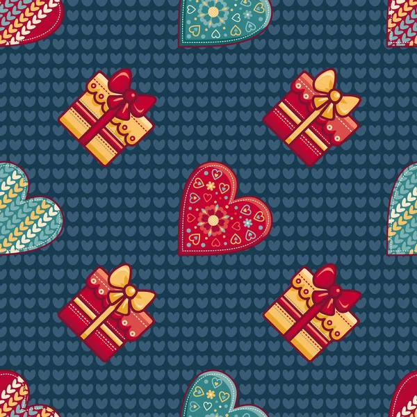 Christmas background. Hearts and gift box. Seamless pattern. Colorful vector — Stock Vector