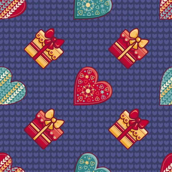 Christmas background. Hearts and gift box. Seamless pattern. Colorful vector — Stock Vector