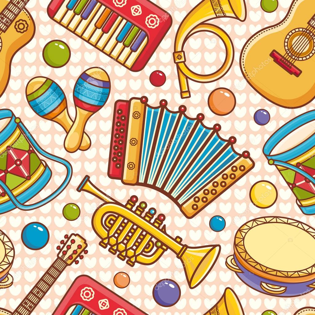 Musical instrument.  Seamless pattern. Vector ornament. Cartoon style.