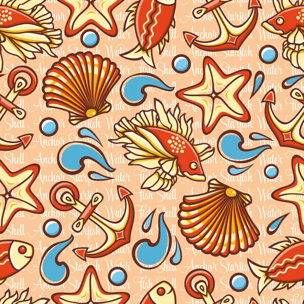 Mariene naadloze patroon met kleurrijke cijfers. Vis en hulpmiddelen. Zee en de rivier inh — Stockvector