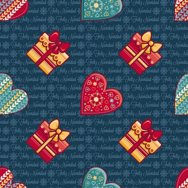 Christmas background. Hearts and gift box. Seamless pattern. Colorful vector — Stock Vector