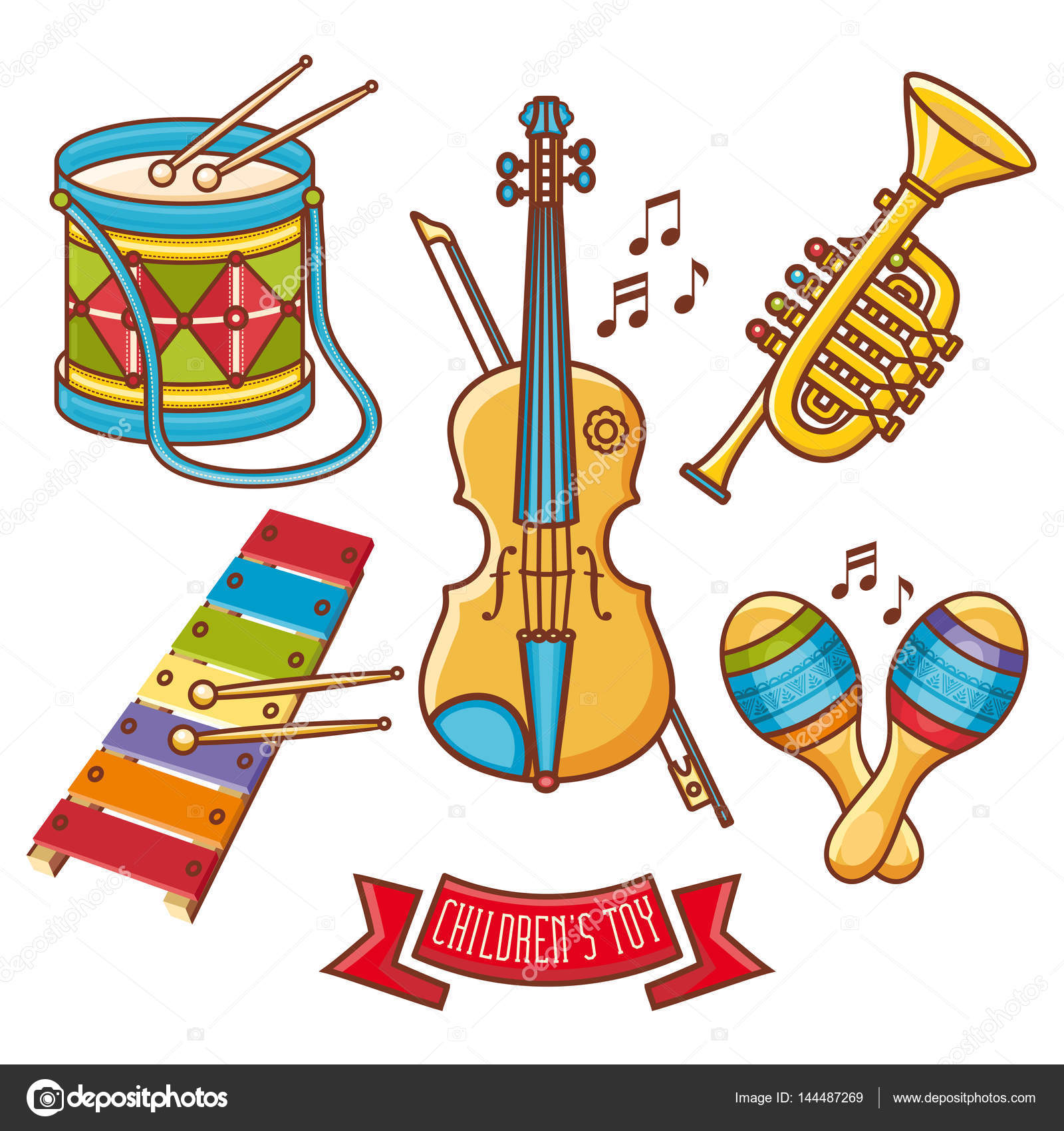 Instrumentos musicales. Juguetes para ninos. Listos. Violin tambor glockenspiel maracas Vector de stock 144487269 de ZzN