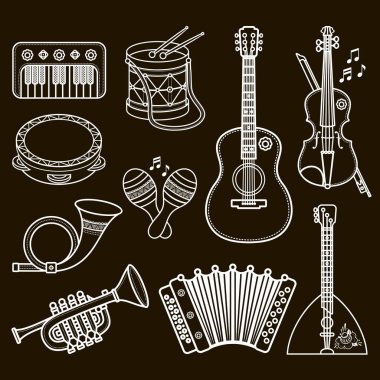 Müzik aletleri. Set tasarımı tek renkli vektör.